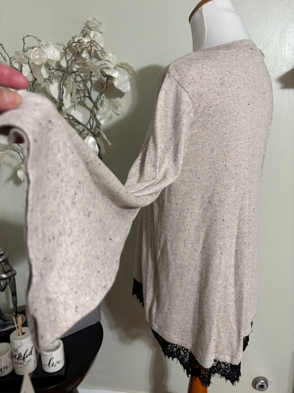 Style & Co Beige V Neck Sweater with Black Lace Trim - Picture 6 of 6